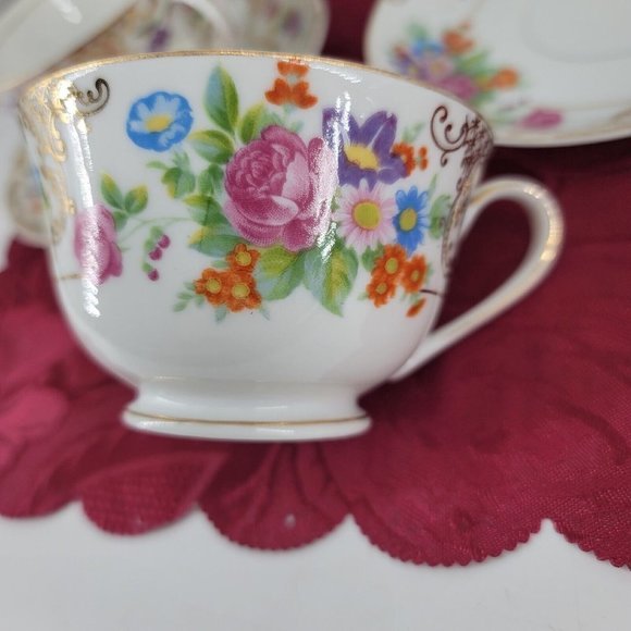 1940s Kongo China STS Hand Painted Tea Cups and Saucers Floral Lot of 4 Sets - Picture 5 of 13
